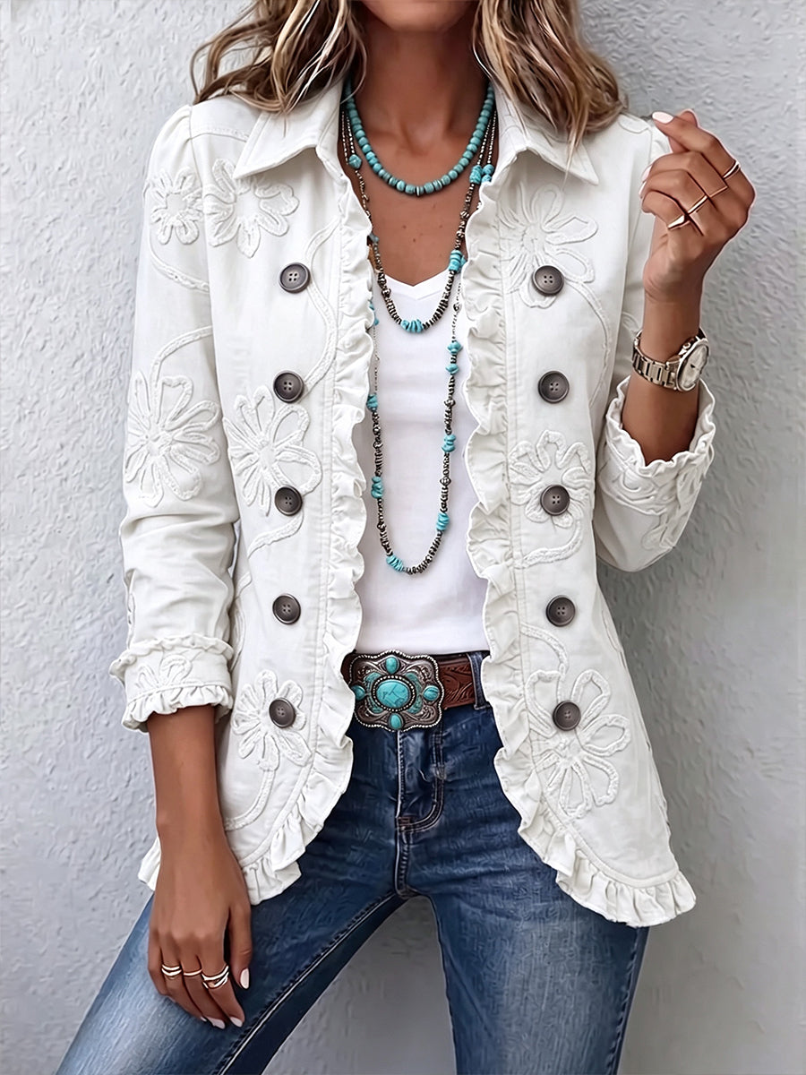 Camelia | Chaqueta Bohemia Bordada Floral Marfil